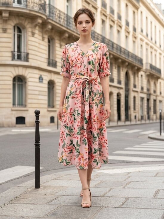 LOFT Dresses & Skirts - LOFT Pink Floral Tie Waist Midi Dress Size 2 Lined Button Front